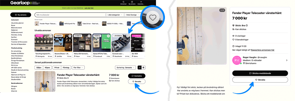 För att bevaka publicerad annons: Klicka på Hjärt-ikonen för att bevaka och få notiser om en specifik annons. Den finns både som rund ikon i bilder och som knapp i listor och på detaljvyn för annonser.