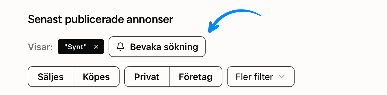 För att bevaka sökfras: Logga in och använd sökfältet högst upp på sidan. Sökordet eller frasen du använt visas sedan en bit ner på sidan i en svart tag-box. Klicka på knappen "Bevaka sökning" för att lägga till sökfrasen till dina bevakningar. Inställningar för dina bevakningar hittar du sedan bland dina profilinställningar.<br>